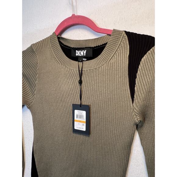 DKNY Asymmetric Ribbed Knit ColorBlock Pullover‎ Sweater Size S Green Black - Picture 2 of 10